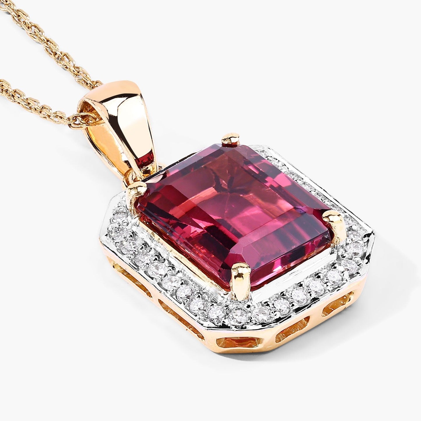 Red Genuine Rubellite and White Diamond 14K Yellow Gold Halo Pendant