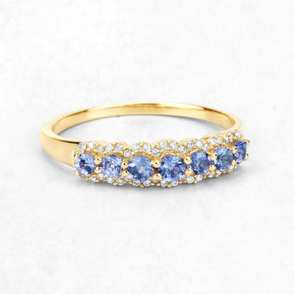 0.38 Ct Round Violet Tanzanite Diamond Prong 14K Yellow Gold Half Eternity Halo Band Ring