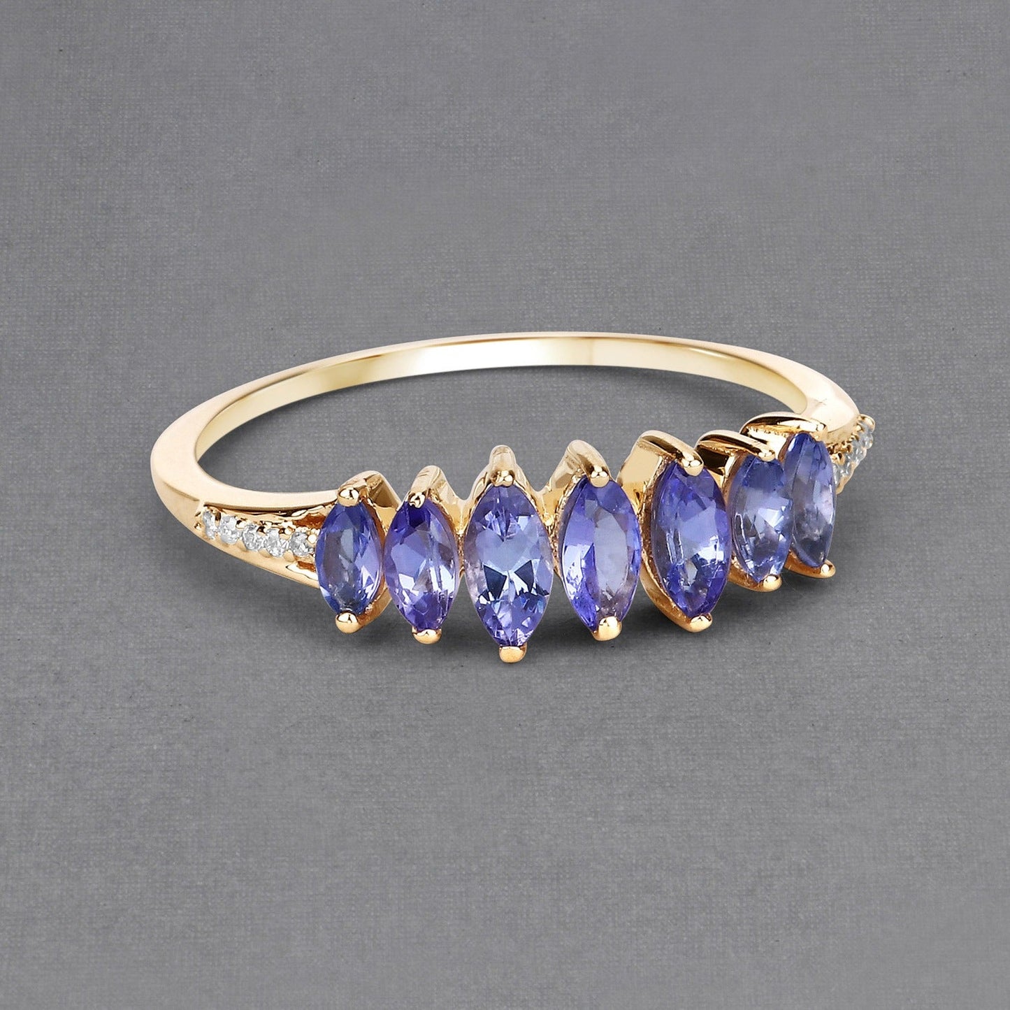 0.74 Ct Marquise Violet Tanzanite Diamond Prong 14K Yellow Gold Pave Statement Ring