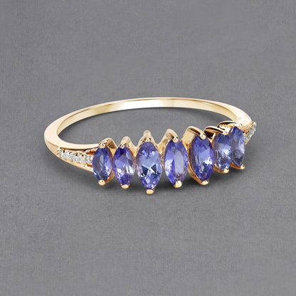 0.74 Ct Marquise Violet Tanzanite Diamond Prong 14K Yellow Gold Pave Statement Ring