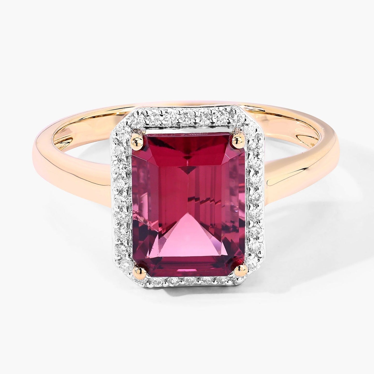 2.60 Ct Octagon Red Genuine Rubellite Diamond Prong 14K Gold Halo Ring