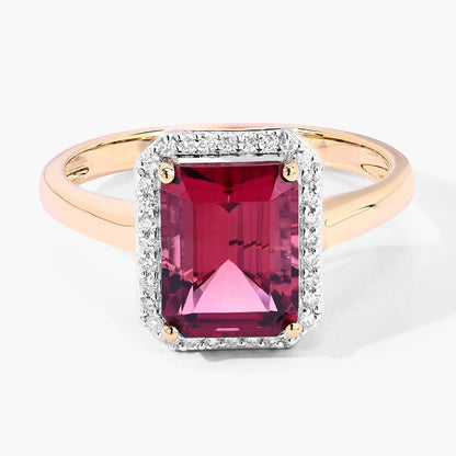 2.60 Ct Octagon Red Genuine Rubellite Diamond Prong 14K Gold Halo Ring