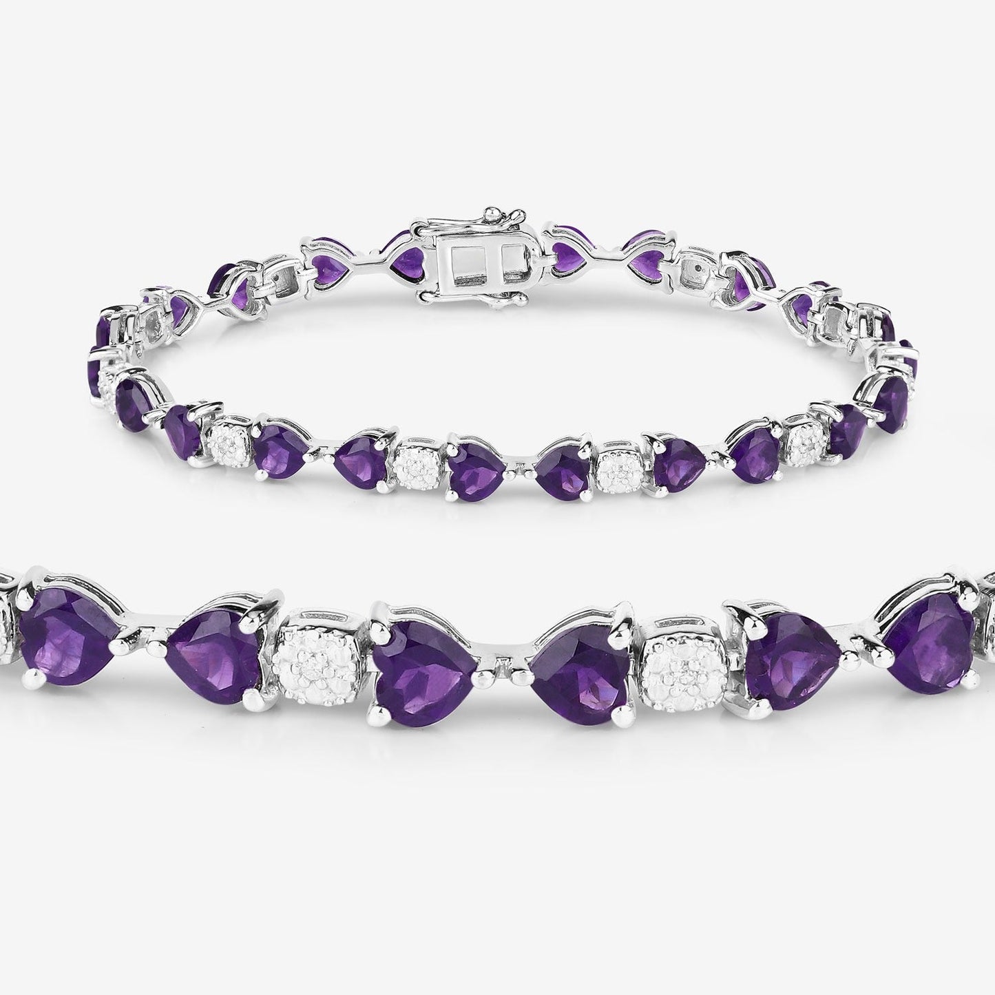 9.46 Ct Heart Purple Amethyst and Diamond Silver Tennis Bracelet