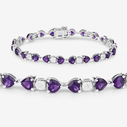 9.46 Ct Heart Purple Amethyst and Diamond Silver Tennis Bracelet
