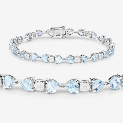 11 Ct Heart Blue Topaz Prong Silver Tennis Bracelet