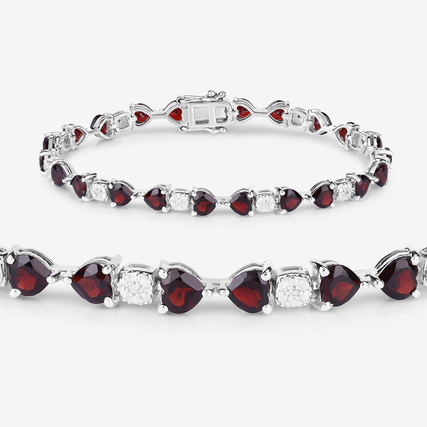 11 Ct Heart Red Garnet and Diamond Prong Silver Tennis Bracelet