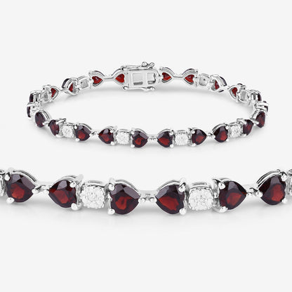 11 Ct Heart Red Garnet and Diamond Prong Silver Tennis Bracelet