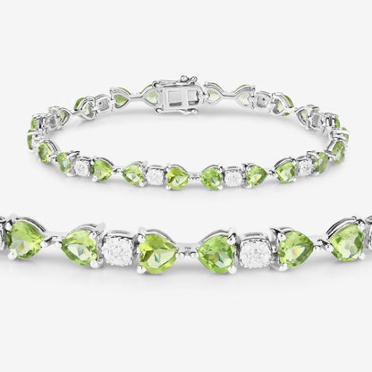 9.68 Ct Heart Green Peridot & Diamond Prong Silver Tennis Bracelet