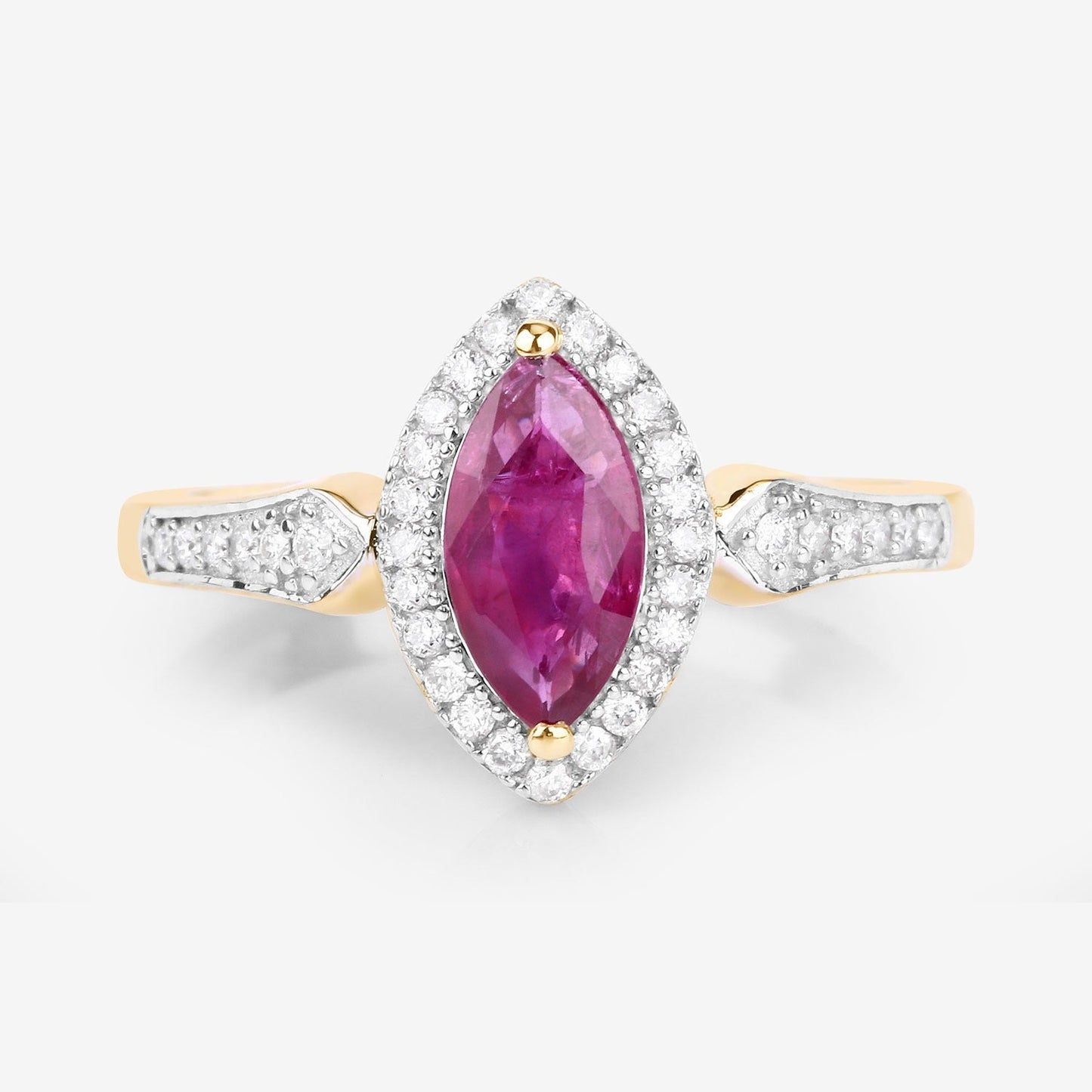 0.79 Ct Marquise Pink Ruby & White Diamond Prong 14K Yellow Gold Halo Ring