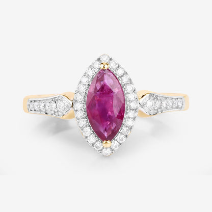 0.79 Ct Marquise Pink Ruby & White Diamond Prong 14K Yellow Gold Halo Ring
