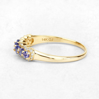 0.38 Ct Round Violet Tanzanite Diamond Prong 14K Yellow Gold Half Eternity Halo Band Ring
