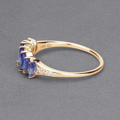 0.74 Ct Marquise Violet Tanzanite Diamond Prong 14K Yellow Gold Pave Statement Ring
