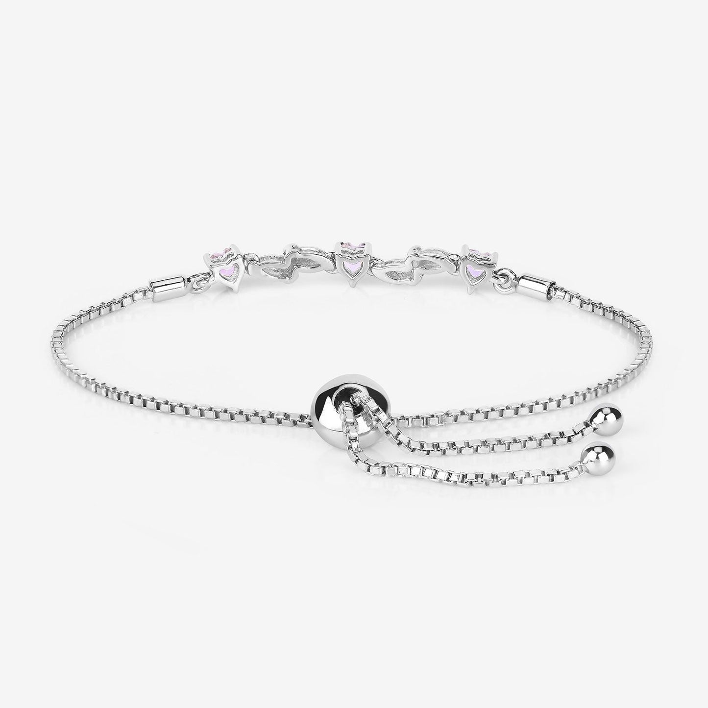 0.79 Ct Heart Pink Morganite Prong Silver Bolo Adjustable Bracelet