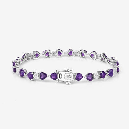 9.46 Ct Heart Purple Amethyst and Diamond Silver Tennis Bracelet