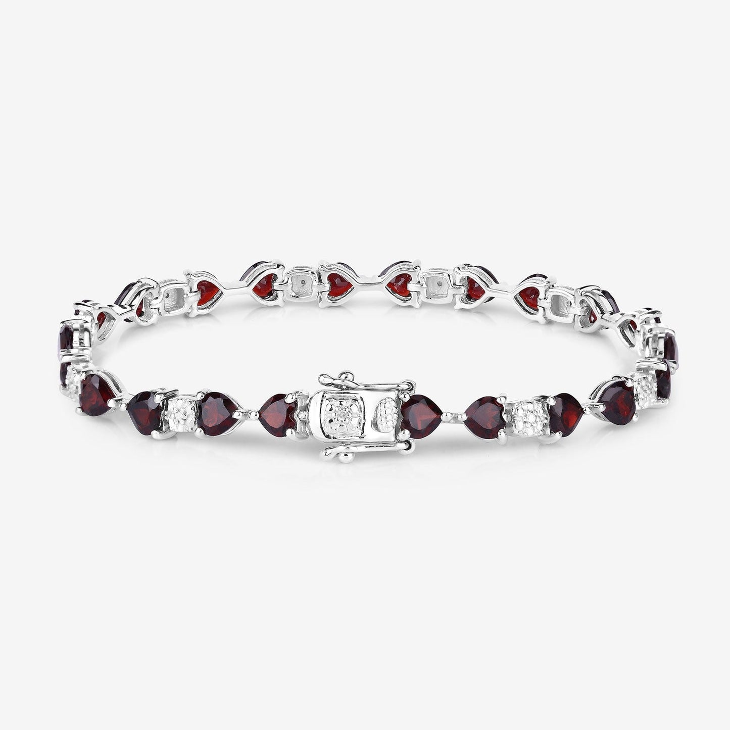 11 Ct Heart Red Garnet and Diamond Prong Silver Tennis Bracelet