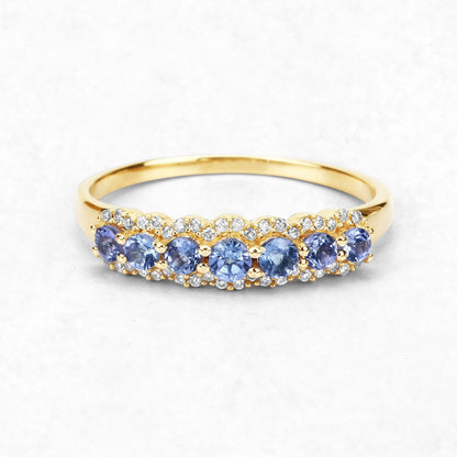 0.38 Ct Round Violet Tanzanite Diamond Prong 14K Yellow Gold Half Eternity Halo Band Ring