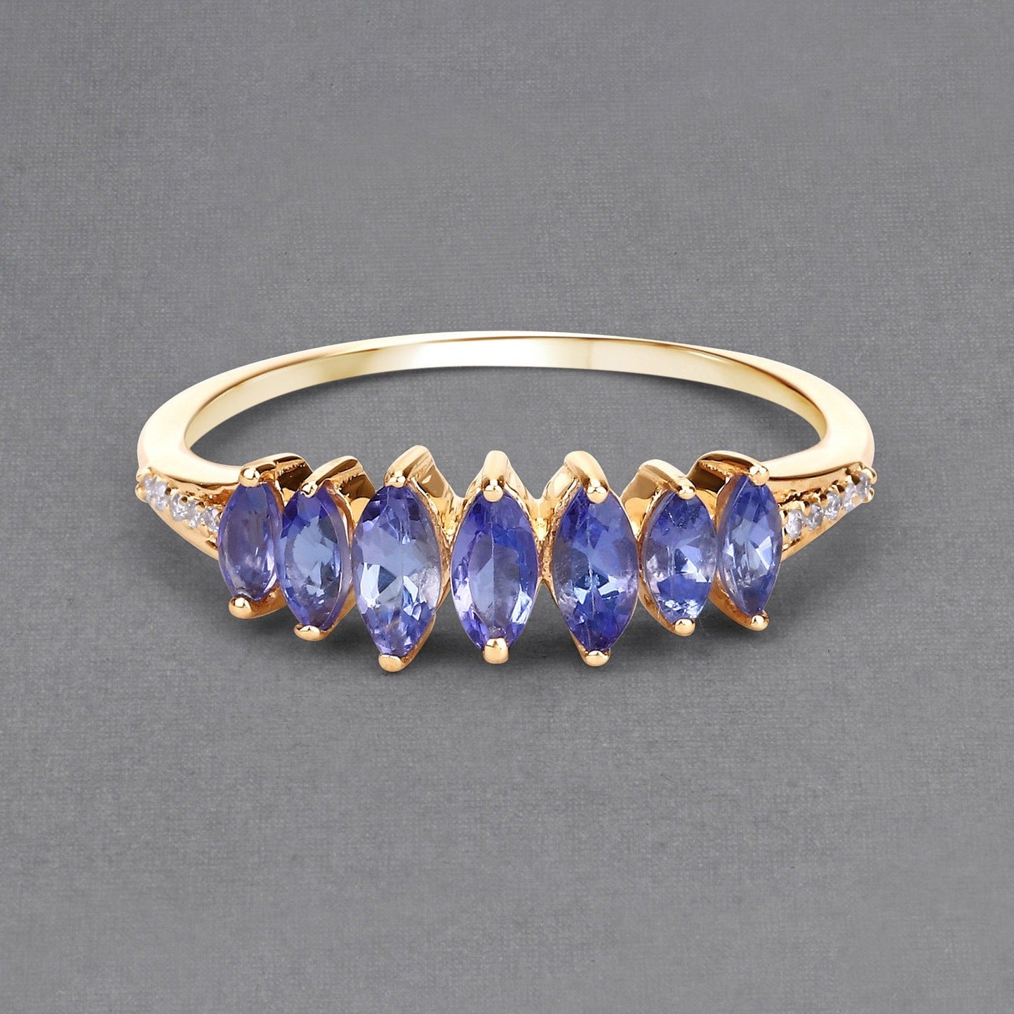 0.74 Ct Marquise Violet Tanzanite Diamond Prong 14K Yellow Gold Pave Statement Ring
