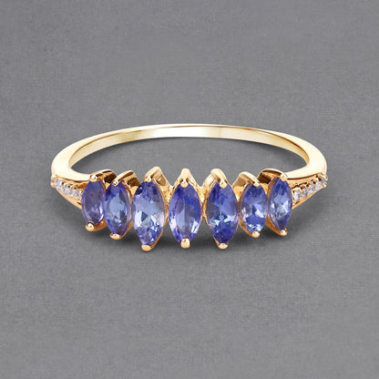 0.74 Ct Marquise Violet Tanzanite Diamond Prong 14K Yellow Gold Pave Statement Ring
