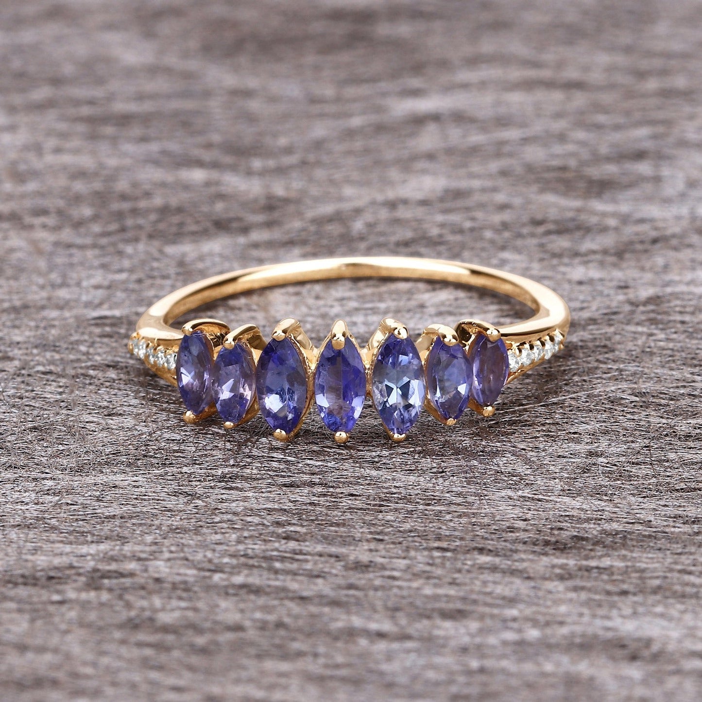 0.74 Ct Marquise Violet Tanzanite Diamond Prong 14K Yellow Gold Pave Statement Ring