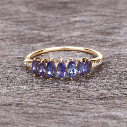 0.74 Ct Marquise Violet Tanzanite Diamond Prong 14K Yellow Gold Pave Statement Ring