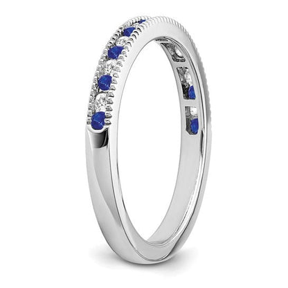 0.58 Ct Round Blue Sapphire & Diamond 14K White Gold Milgrain Band Ring