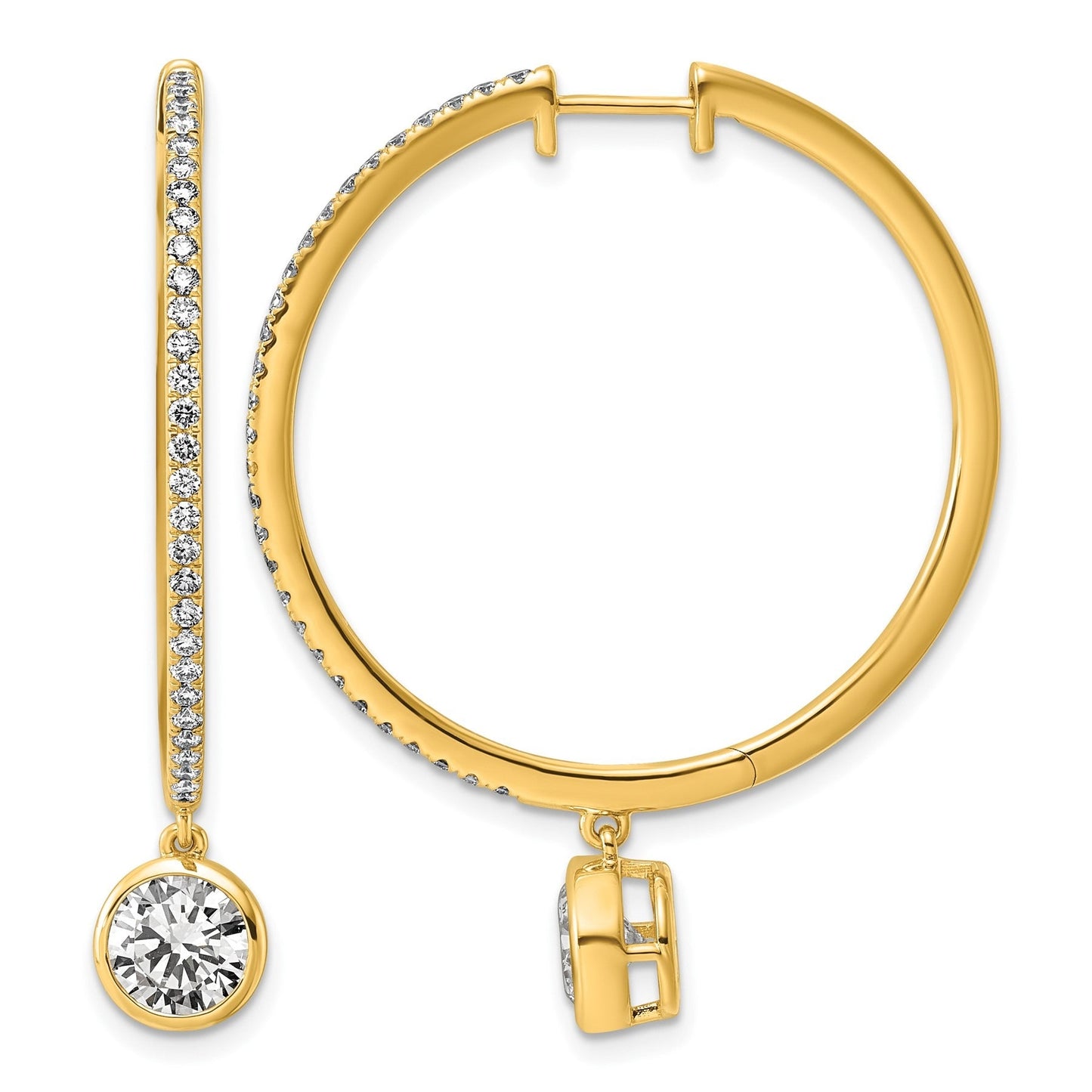 14k Yellow Gold Round Bezel Dangle Lab Diamond Hoop Earrings