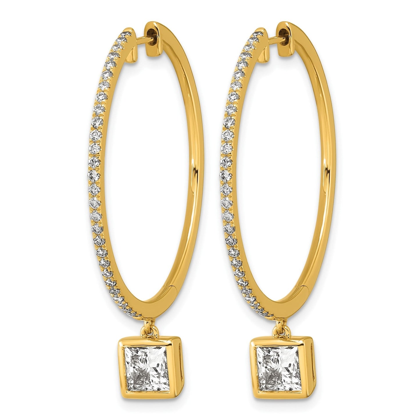 14k Yellow Gold Princess Bezel Dangle Lab Grown Diamond Hoop Earrings