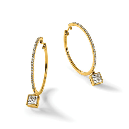 14k Yellow Gold Princess Bezel Dangle Lab Grown Diamond Hoop Earrings