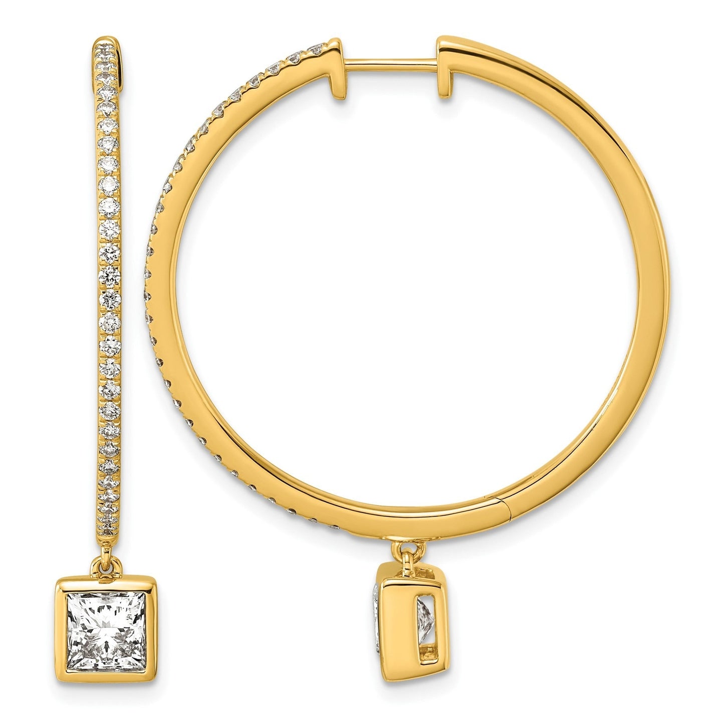 14k Yellow Gold Princess Bezel Dangle Lab Grown Diamond Hoop Earrings