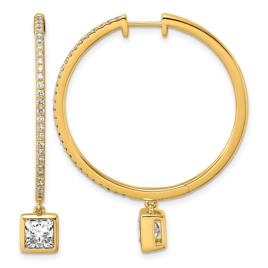 14k Yellow Gold Princess Bezel Dangle Lab Grown Diamond Hoop Earrings