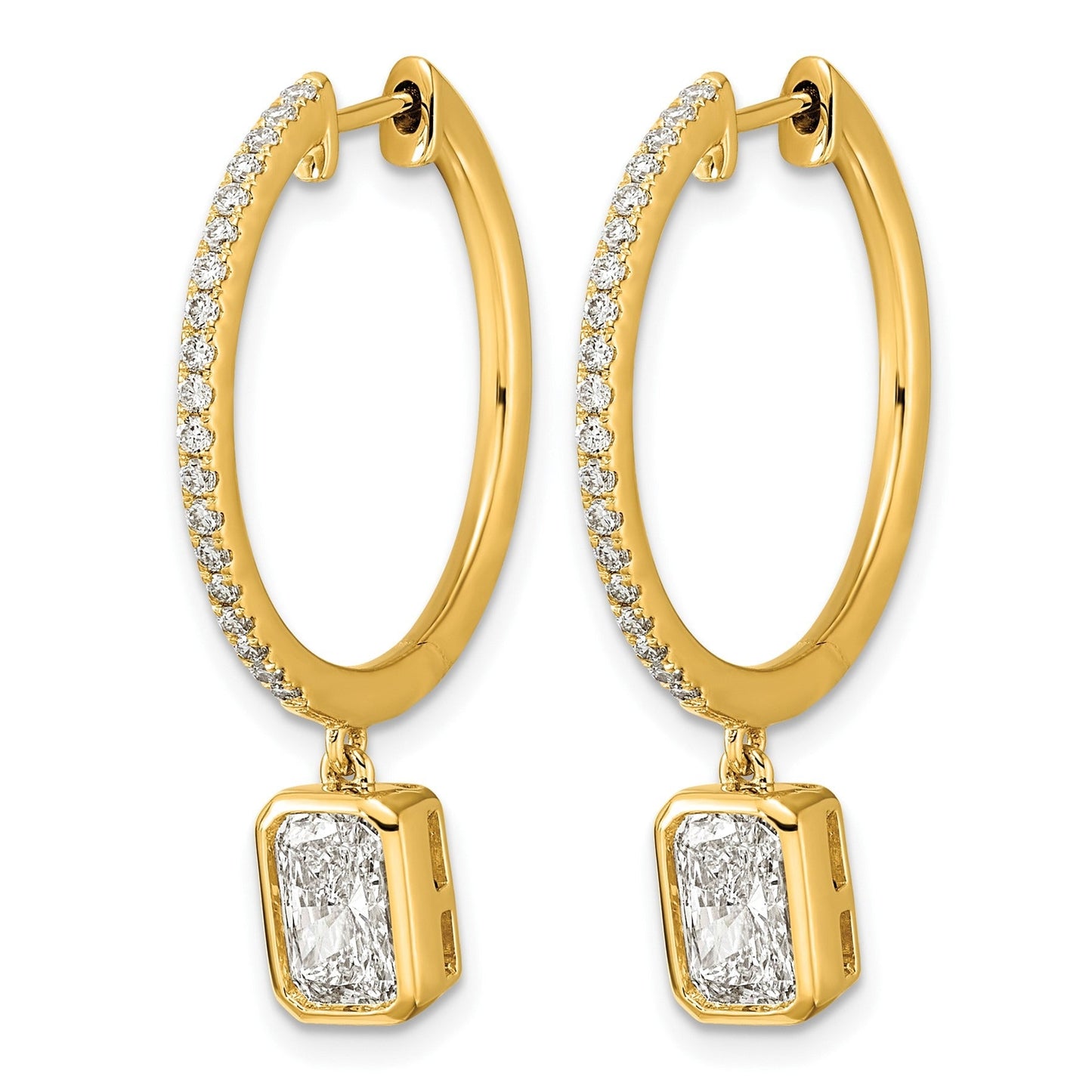 14k Yellow Emerald Bezel Dangle Lab Grown Diamond Hoop Earrings