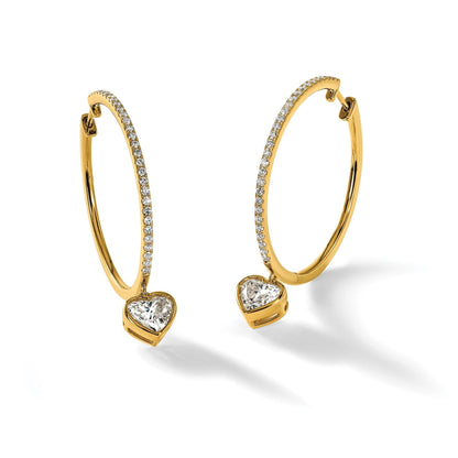 14k Yellow Gold Heart Bezel Dangle Lab Diamond Hoop Earrings