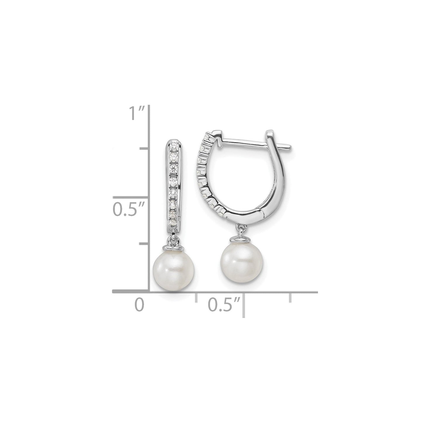 14k White Gold Lab Grown Diamond Pearl Hinged Hoop Earrings 0.1 Ct