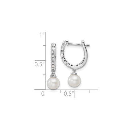 14k White Gold Lab Grown Diamond Pearl Hinged Hoop Earrings 0.1 Ct