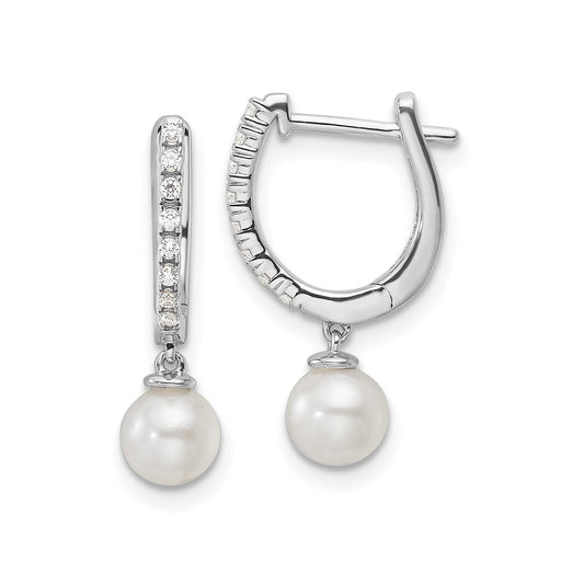 14k White Gold Lab Grown Diamond Pearl Hinged Hoop Earrings 0.1 Ct
