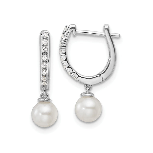 1/10 ct Lab Diamond and Cultured Pearl Hinged Hoop Earrings 14k White Gold