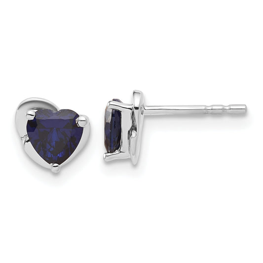 10k White Gold Created Sapphire Heart Post Earrings