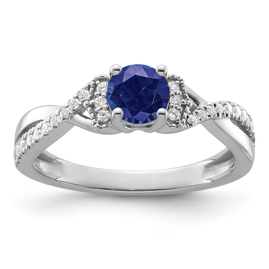 Round Blue Created Sapphire and Lab Diamond Prong 10K White Gold Infinity Twist Promise Pave Ring
