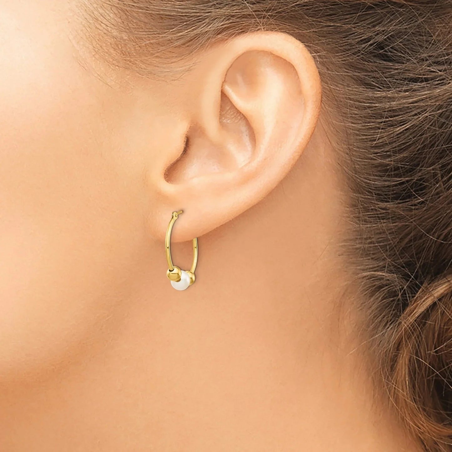 14K Gold White Semi-Round Pearl Hoop Earring