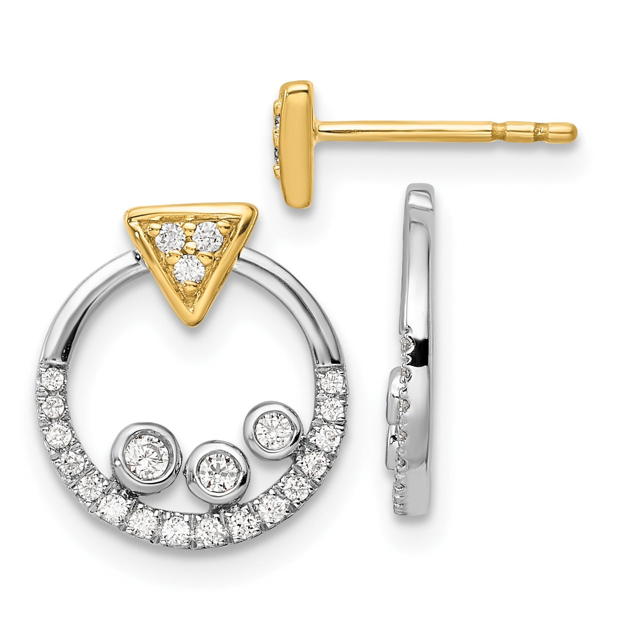 14k Two Tone Lab Diamond Triangle Earrings with Circle Dangle Earring Jacket