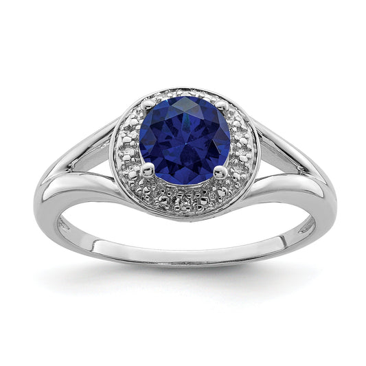 1.05 Ct Created Sapphire & Diamond Prong Rhodium-Plated Sterling Silver Halo Ring
