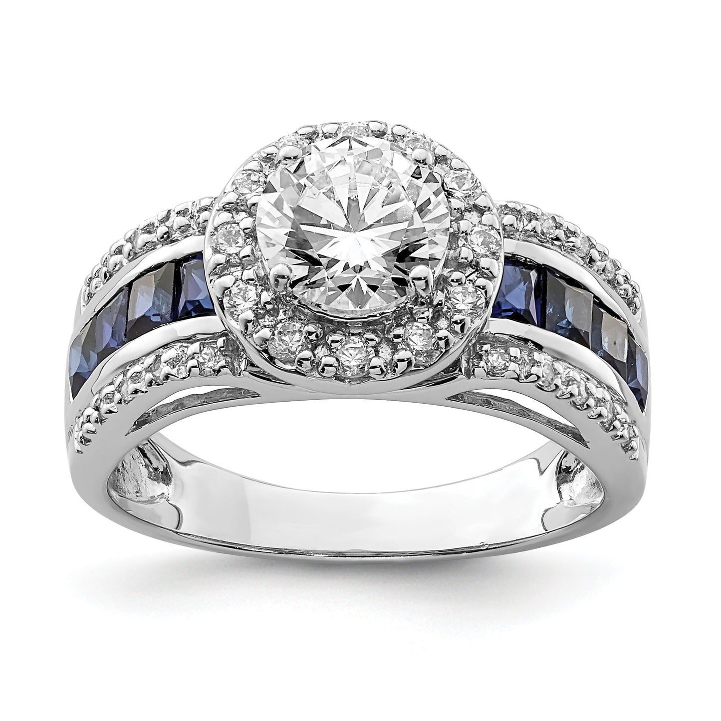 3.29 Ct Princess Blue Lab Created Sapphire & CZ Prong Sterling Silver Rhodium Plated Halo Ring