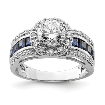 3.29 Ct Princess Blue Lab Created Sapphire & CZ Prong Sterling Silver Rhodium Plated Halo Ring