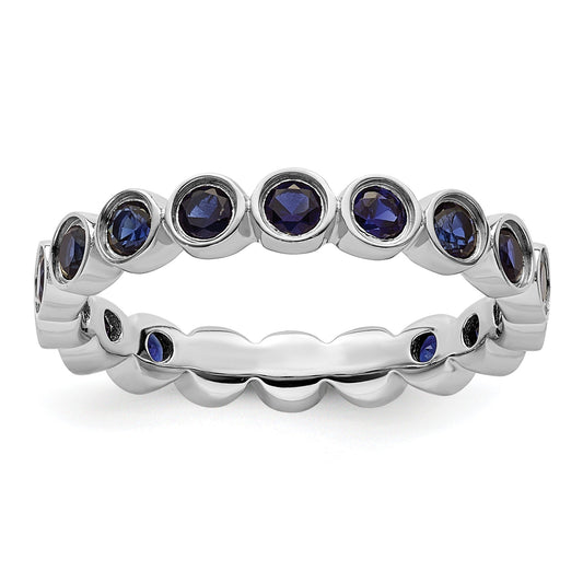 1.29 Ct Round Blue Created Sapphire Bezel Silver Eternity Stackable Ring
