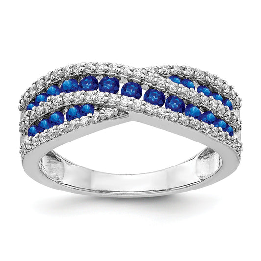 1.30 Ct Round Blue Sapphire & Diamond Pavé 14K White Gold Crossover Infinity Band Ring
