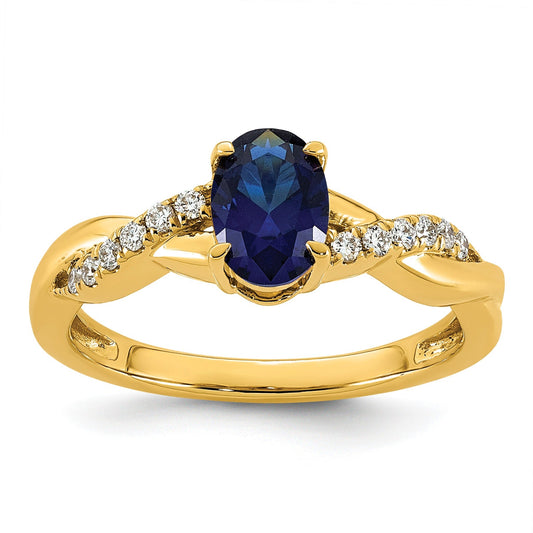 0.13 Ct Oval Blue Created Sapphire & Lab Grown Diamond Prong 14K Gold Bypass Ring