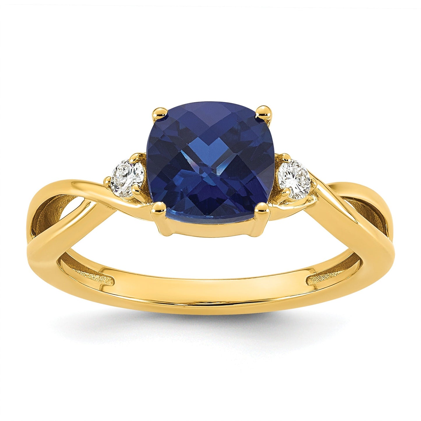 0.89 Ct Cushion Blue Created Sapphire & Lab Diamond Three Stone 14K Gold Bypass Ring