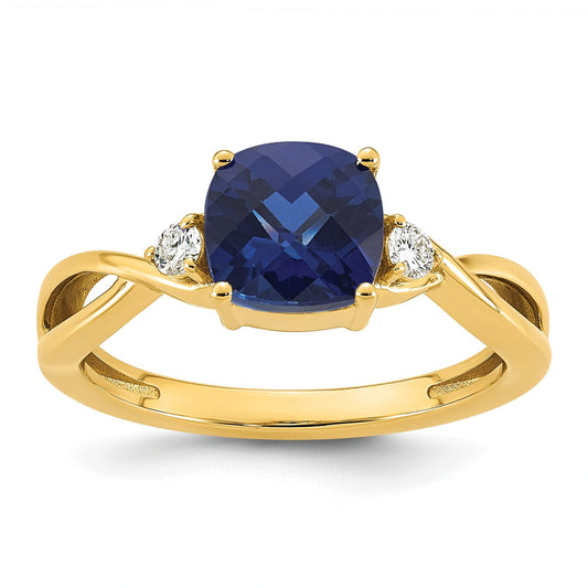 0.89 Ct Cushion Blue Created Sapphire & Lab Diamond Three Stone 14K Gold Bypass Ring