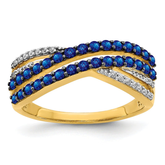 1.19 Ct Round Blue Sapphire & Diamond Pavé 14K Gold 4-Row Criss Cross Ring