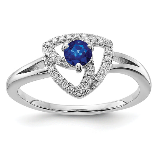 0.15 Ct Round Blue Sapphire & Diamond Prong 14K White Gold Pavé Triangle Ring